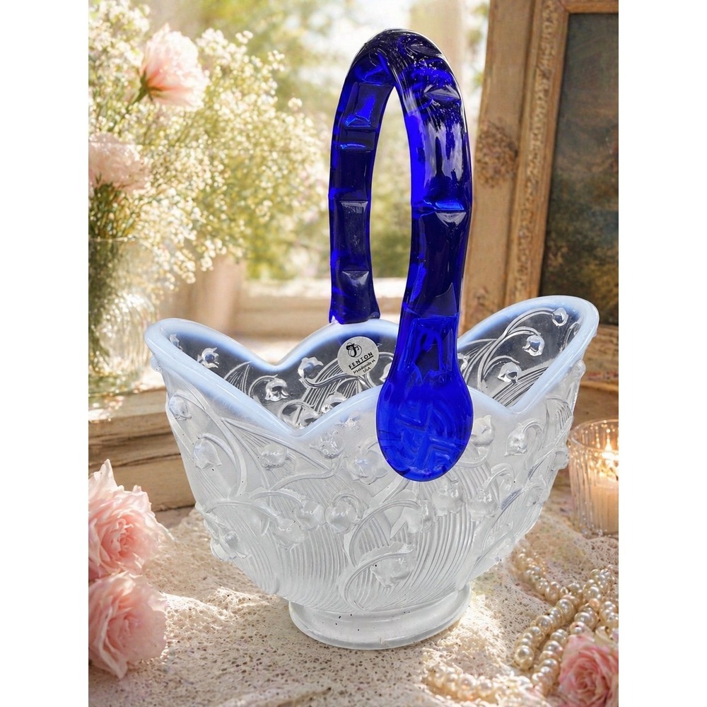 Fenton Vintage Crystal Opalescent Lily of the Valley Cobalt Handled Basket